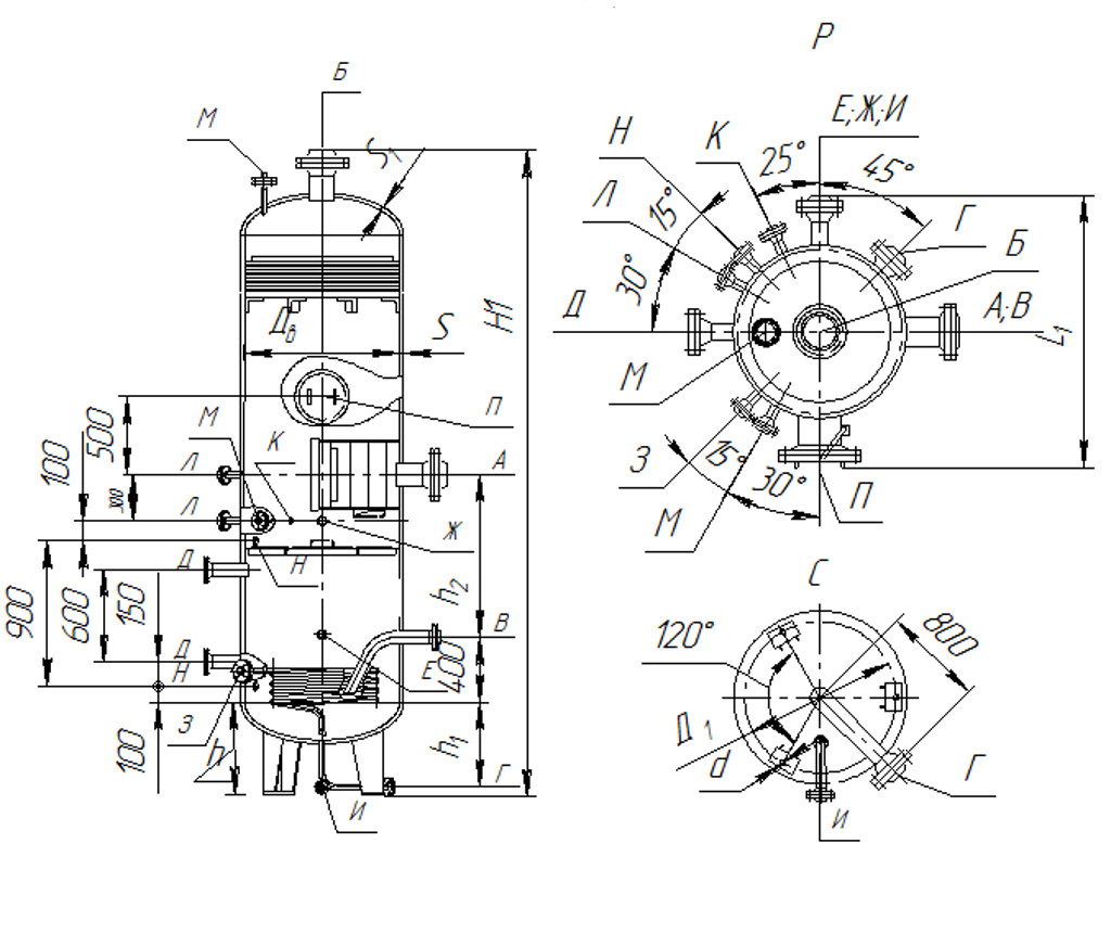 габаритный чертеж вертикального газосепаратора гс тип 2 с цельносварным корпусом